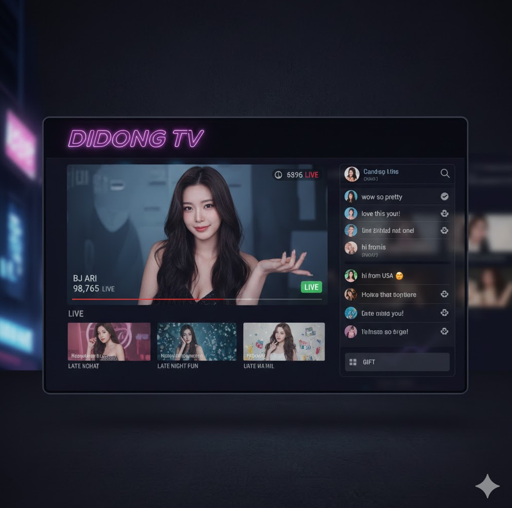 실시간 소통: 라이브 스트리밍 화면에서는 인기 BJ의 방송과 함께 실시간 채팅창, 시청자 수, 선물하기 기능 등이 배치되어 역동적인 커뮤니티 분위기를 전달합니다.