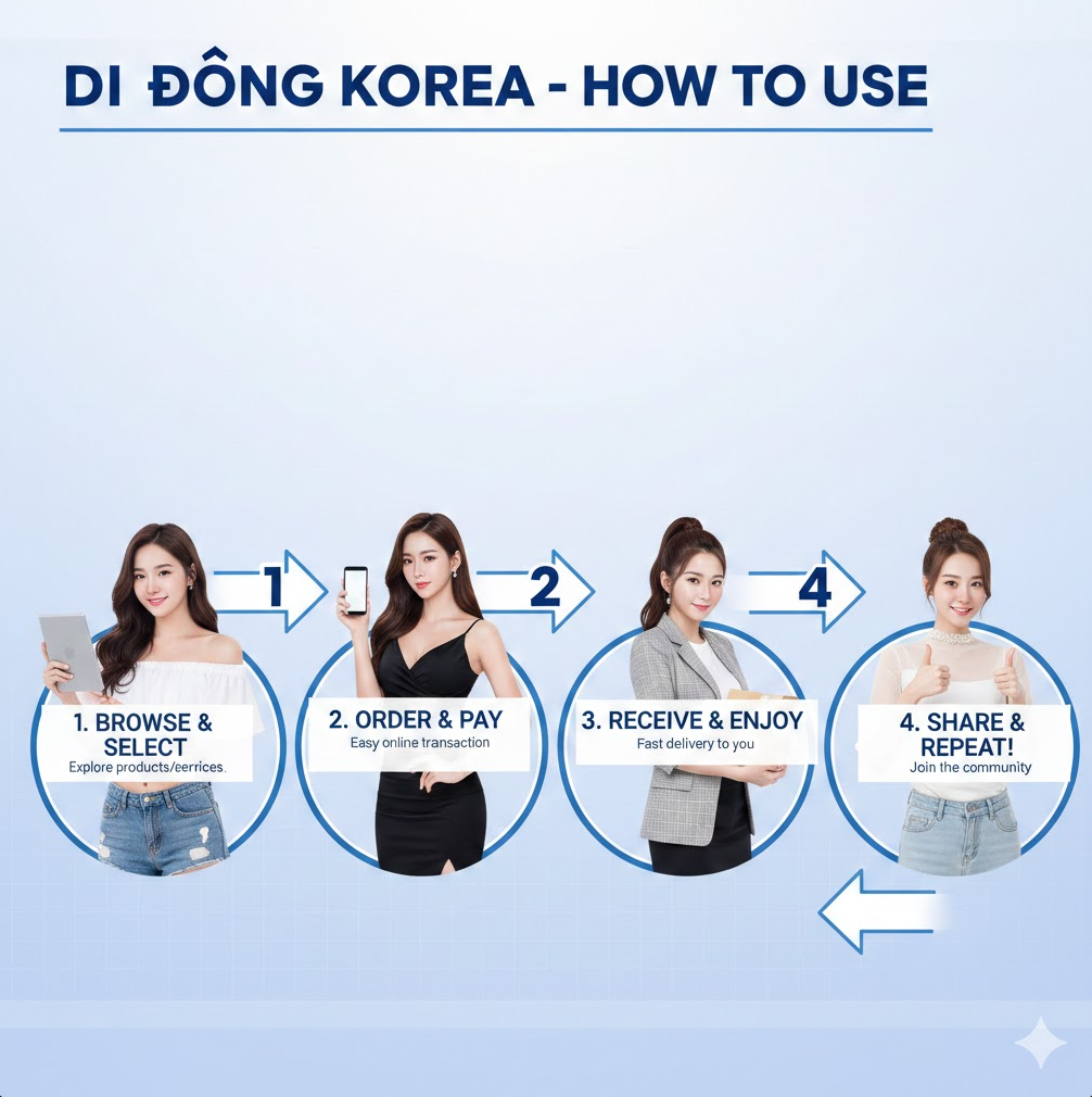 'HOW TO USE'라는 제목 아래 제품 탐색, 주문 및 결제, 수령, 공유로 이어지는 4단계 과정을 번호가 매겨진 화살표로 명확하게 시각화했습니다.