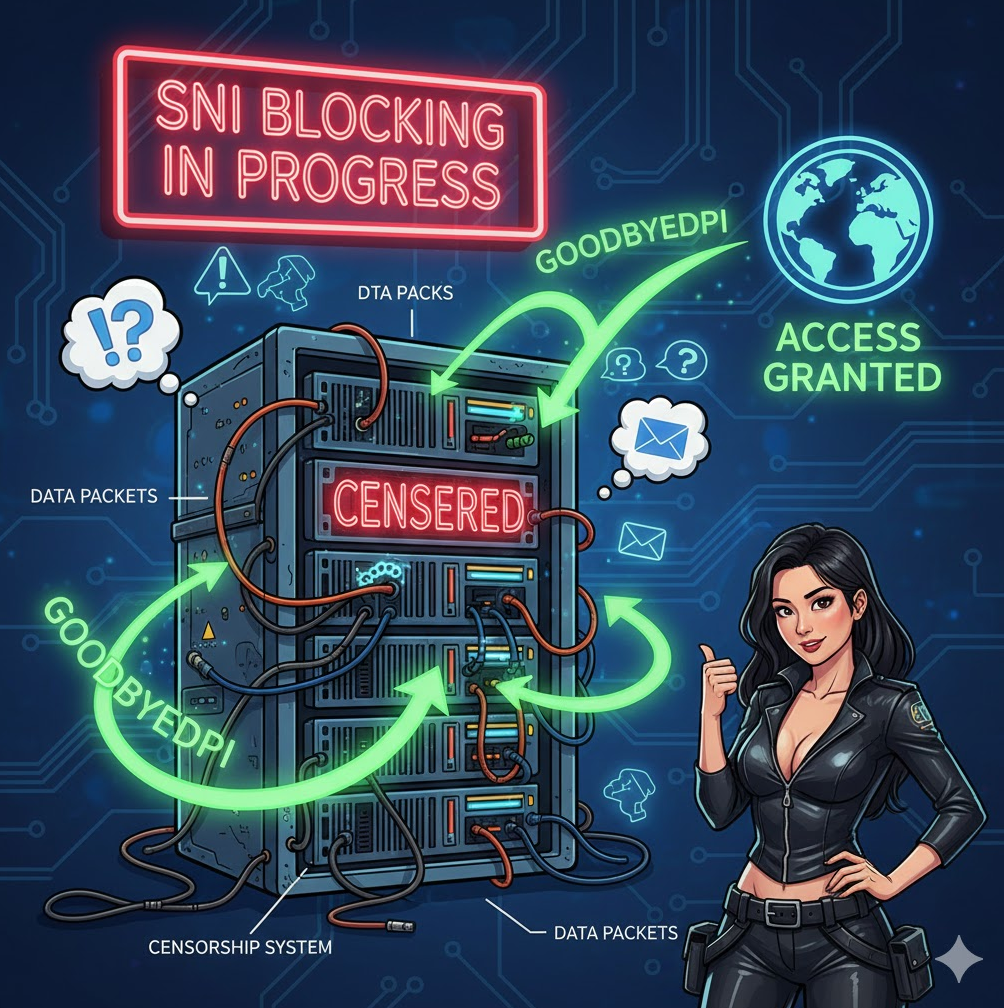 검열 시스템이 패킷을 막으려다 혼란에 빠지는 모습과 초록색 성공 화살표가 들어간 직관적이고 재미있는 디자인입니다.