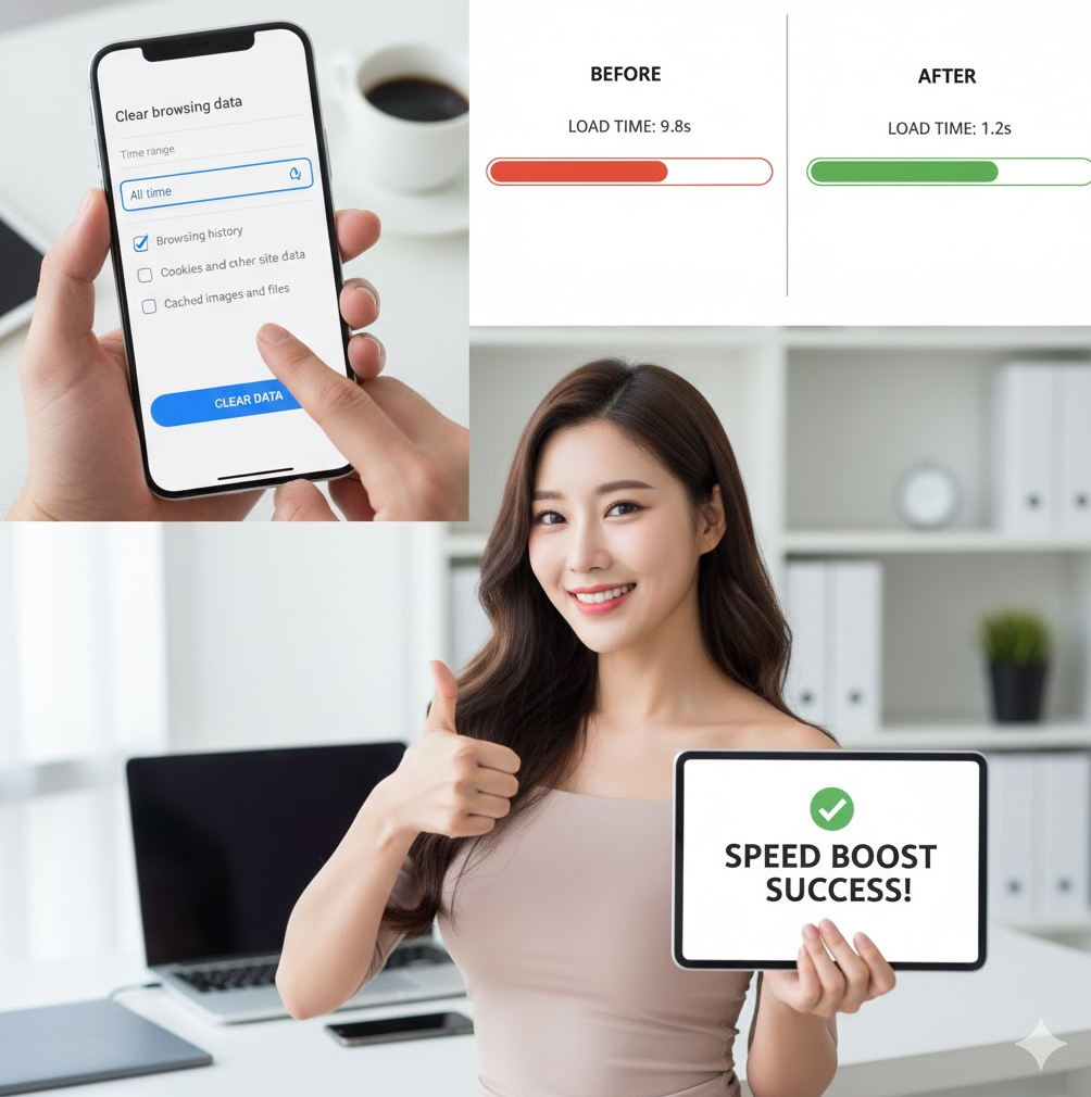 크롬 설정에서 “전체 시간” 선택 후 삭제 버튼을 누르는 모습과, 변경 전후 속도 비교가 표시된 실용적이고 명확한 가이드 이미지입니다