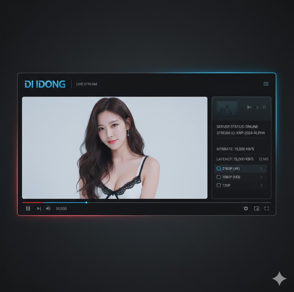 오른쪽에 서버 정보와 화질 옵션이 표시된 현대적이고 전문적인 화면입니다.