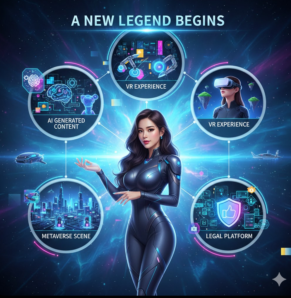 di동 사이트 미래 비전 인포그래픽으로, AI 생성 콘텐츠, VR 체험, 메타버스 장면, 합법 플랫폼 아이콘이 미래 지향적